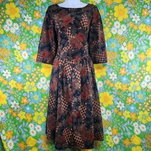 Vintage 80s Dark Academia Handmade Floral Drop Waist Dress